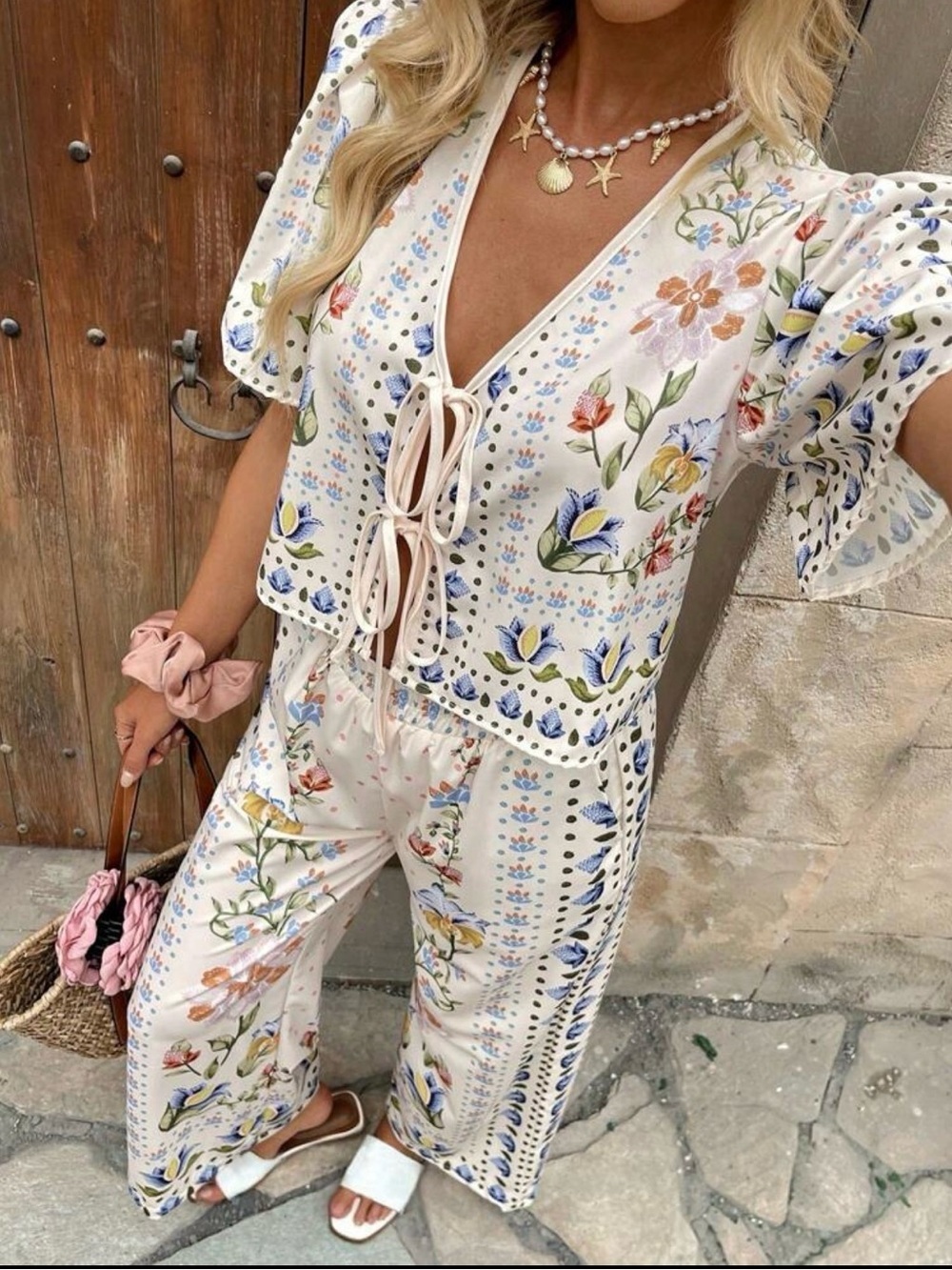Boho Floral Print Two-Piece Set Crop Top & Wide Leg Pants Women’s Size M